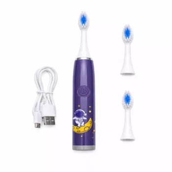 iLike Cepillo de dientes eléctrico sónico recargable para niños, carga USB, 3 cabezales (1+2 cabezales de repuesto), cerdas suaves, impermeable, diseño astronauta espacial, morado