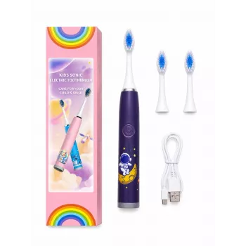 iLike Cepillo de dientes eléctrico sónico recargable para niños, carga USB, 3 cabezales (1+2 cabezales de repuesto), cerdas suaves, impermeable, diseño astronauta espacial, morado