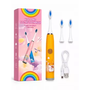 iLike Cepillo de dientes sónico recargable para niños, carga USB, 3 cabezales (1+2 cabezales de repuesto), cerdas suaves, impermeable, diseño hámster adorable naranja