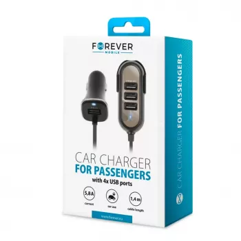 Forever Cargador de coche universal PC-01 (4 x USB | 5,8 A) para pasajeros Negro