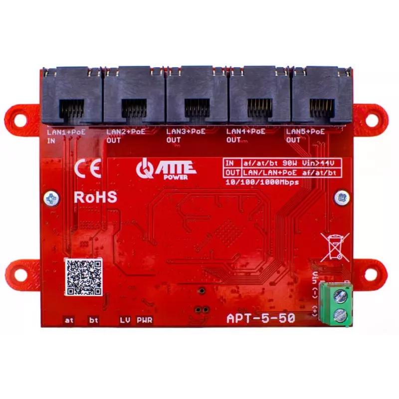 ATTE APT-5-50 Switch/extensor PoE+ de 5 puertos, 4x PoE (30W/puerto), presupuesto 50W, 10/100 Mbps, modo extendido 250m