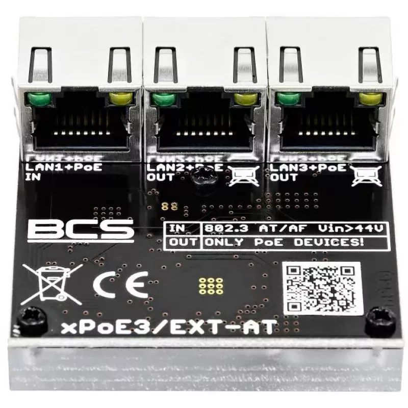 BCS BCS-xPoE3/EXT-AT Switch PoE+ de 3 puertos, 2x PoE+ 30W, 1x Uplink, 250m EXTEND, Metal