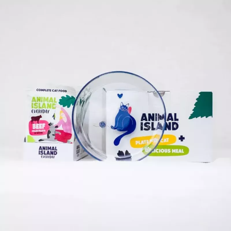 ANIMAL ISLAND filete de ternera comida húmeda para gatos 12x85g + plato