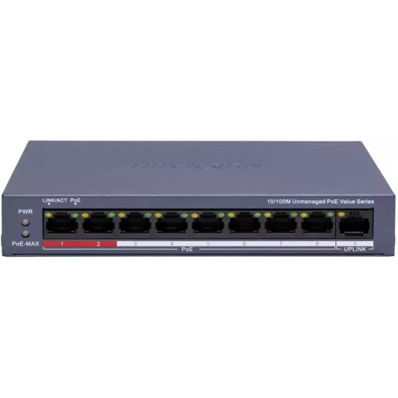Hikvision DS-3E0109P-E/M(C) switch PoE Fast Ethernet de 9 puertos, 8 puertos PoE, presupuesto 65W, no gestionado