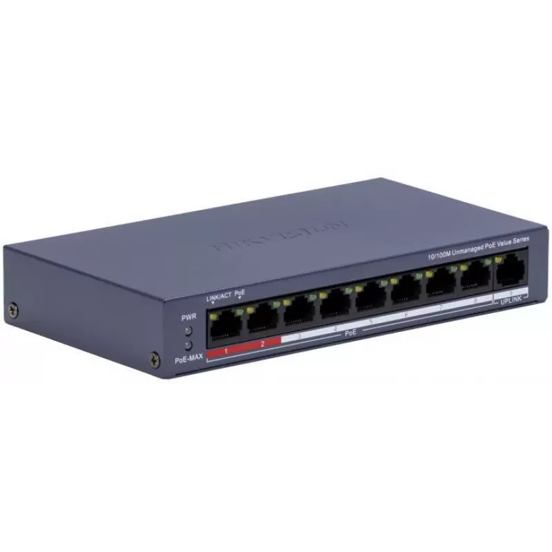 Hikvision DS-3E0109P-E/M(C) switch PoE Fast Ethernet de 9 puertos, 8 puertos PoE, presupuesto 65W, no gestionado