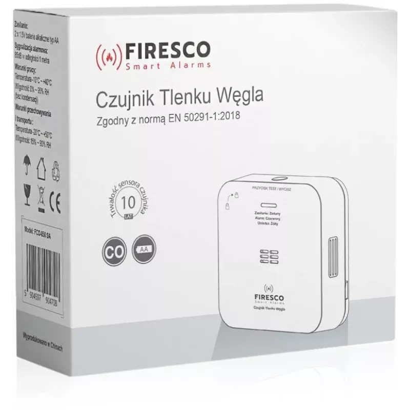 Detector de monóxido de carbono FIRESCO FCO-850 SA con pantalla LCD, 10 años de vida útil