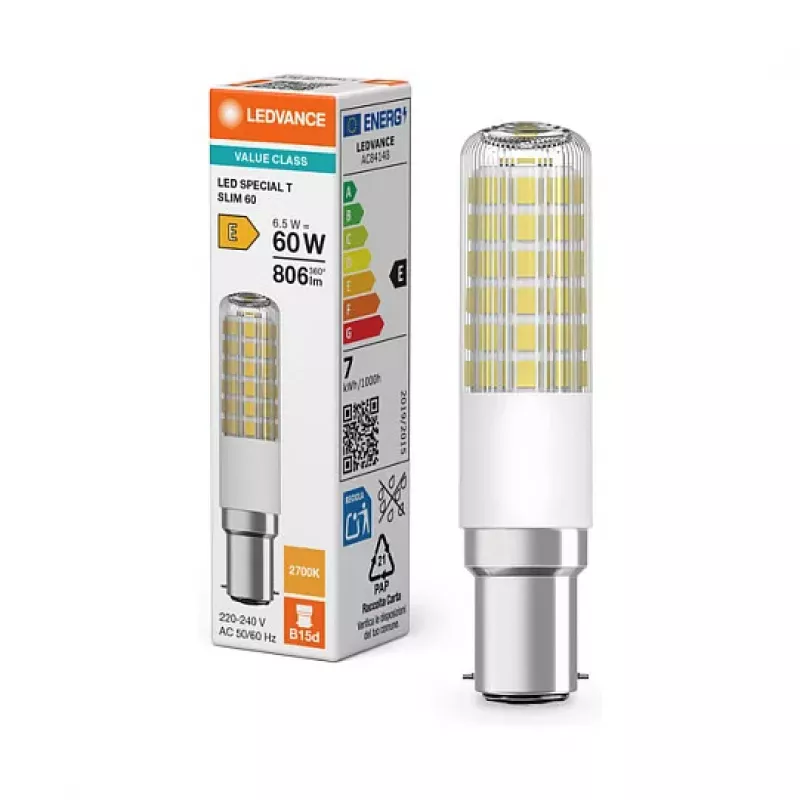 OSRAM LED SPECIAL T 6,5W 827 Clear B15d Bombilla LED tubular, 806 lm, 2700 K, Blanco Cálido, no regulable, pack de 2