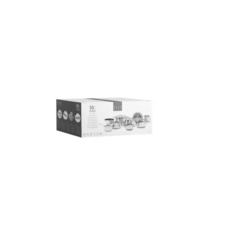 ELLE Home ECCS200416A juego de 16 piezas de batería de cocina de acero inoxidable, plata