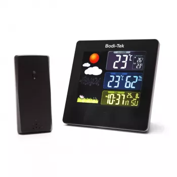 Bodi-Tek BT-HGWS-EU/1,2 Estación meteorológica digital con sensor exterior inalámbrico, pantalla LCD, previsión meteorológica, fase lunar, alarma, retroiluminación