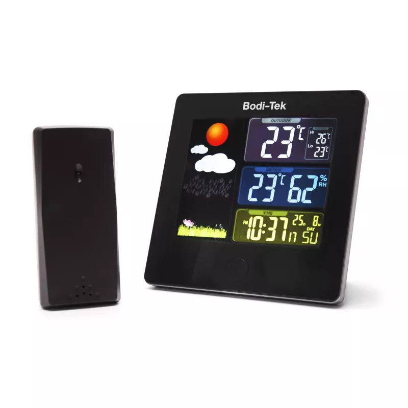 Bodi-Tek BT-HGWS-EU/1,2 Estación meteorológica digital con sensor exterior inalámbrico, pantalla LCD, previsión meteorológica, fase lunar, alarma, retroiluminación