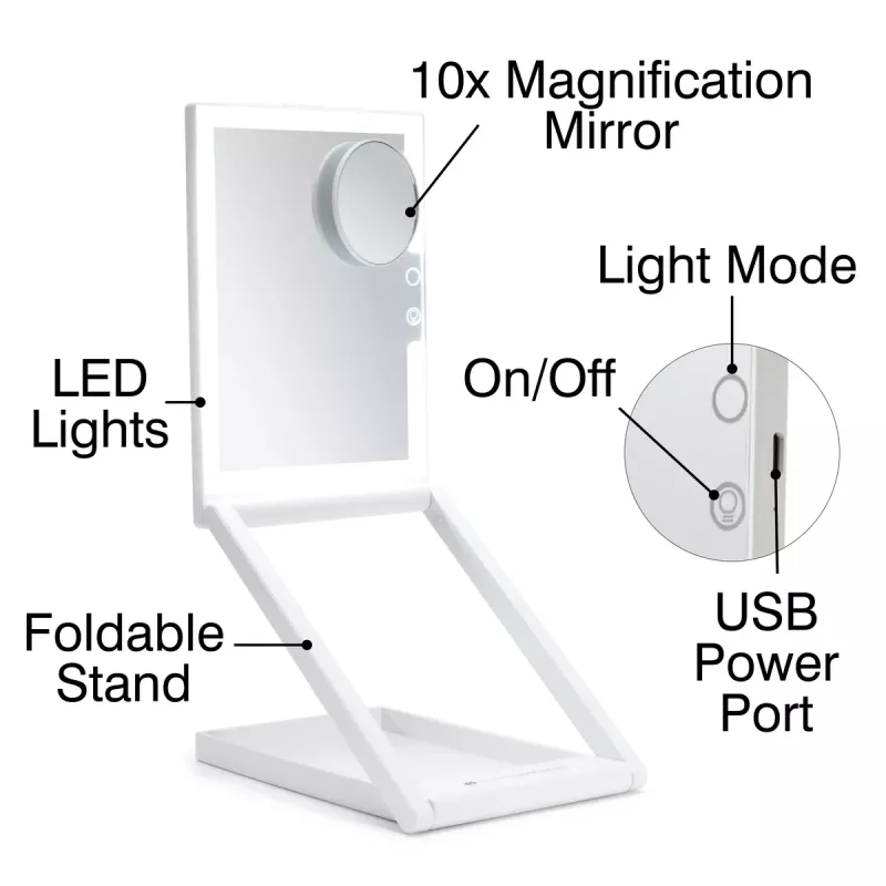 RIO MMAW-EU/1,0 Espejo de tocador Home and Away - de doble cara con iluminación LED, aumento 1x/5x, plegable, blanco