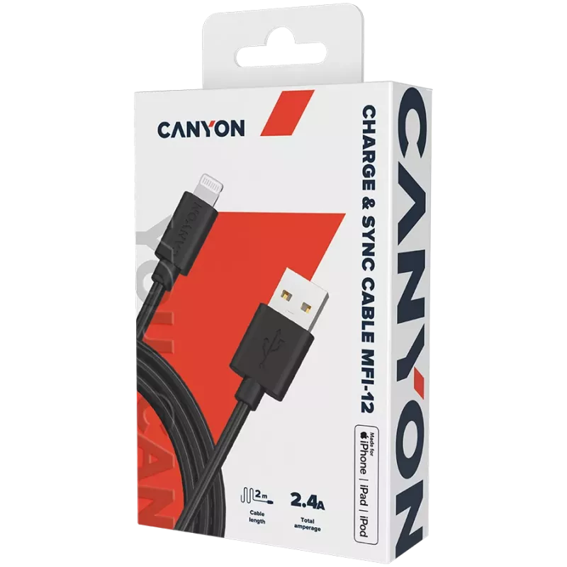 CANYON MFI-12 cable USB-A a Lightning 2m negro