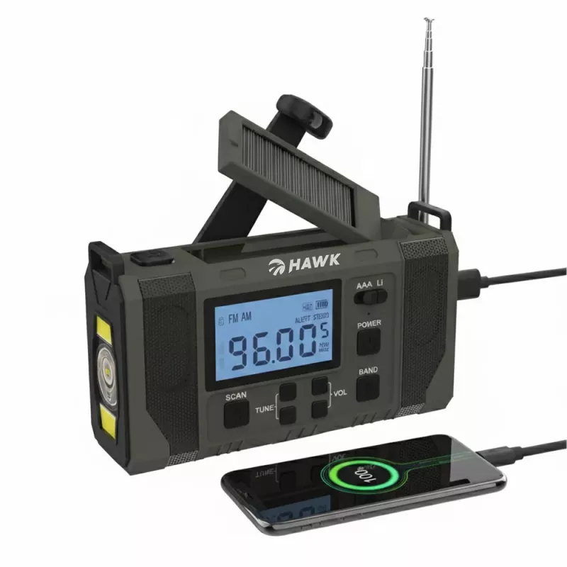 Hawk HWRDI420GN radio meteorológica de emergencia con solar, dinamo, linterna, AM/FM/KW, verde