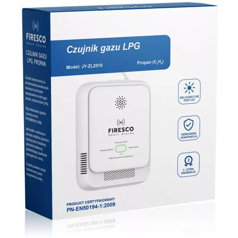 FIRESCO sensor de propano JY-ZL2010 - detector de LPG/butano con alarma acústica y óptica, montaje en pared, CE/RoHS