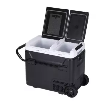 HCALORY P50M+ nevera portátil para coche con Bluetooth, 50L, -20°C a +20°C, DC 12/24V y AC 100-240V, 60W, R134a, pantalla LCD, control por app, protección de batería, ruedas, asa telescópica, luz LED, puerto USB, CE/RoHS/FCC