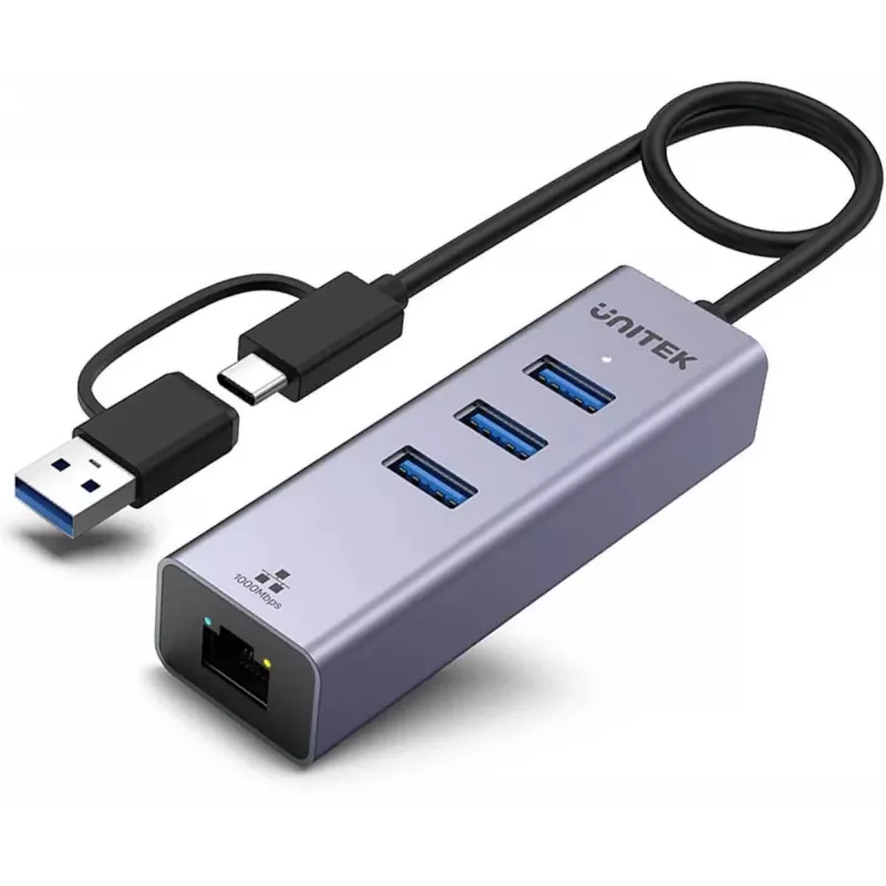 Hub USB-C UNITEK 4 en 1 Ethernet 3 x USB-A 5 Gbps con adaptador USB-A