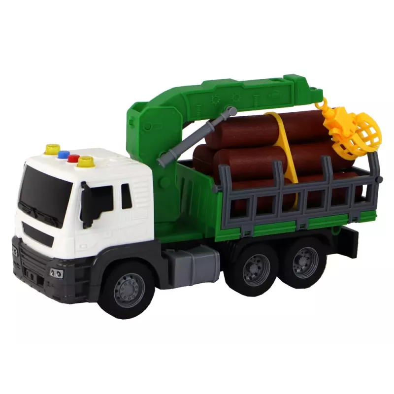 LEAN TOYS Camión con grúa fricción sonidos verde madera 1:16
