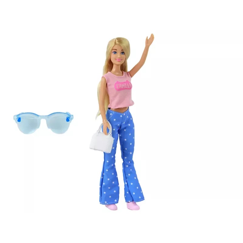LEAN TOYS Muñeca infantil Anlily con largos cabellos rubios, bolso, gafas, blusa rosa