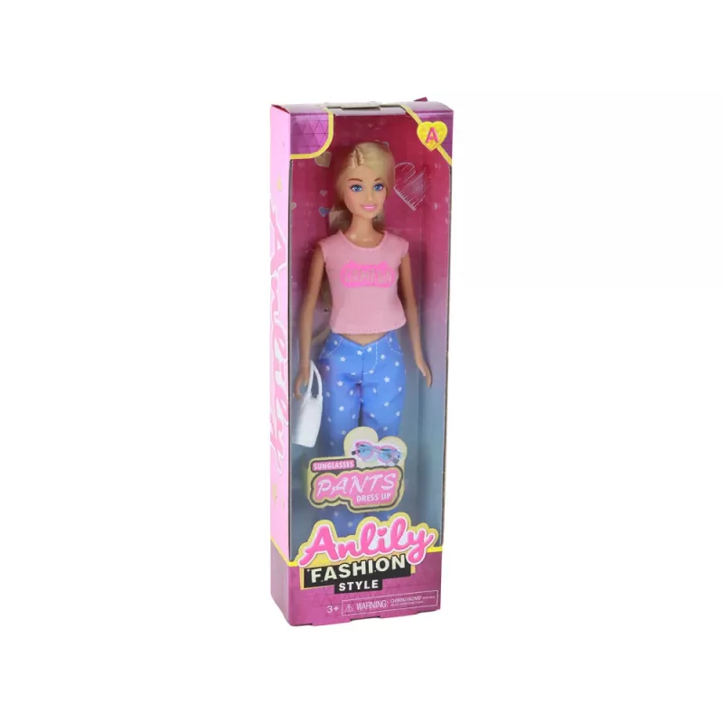 LEAN TOYS Muñeca infantil Anlily con largos cabellos rubios, bolso, gafas, blusa rosa