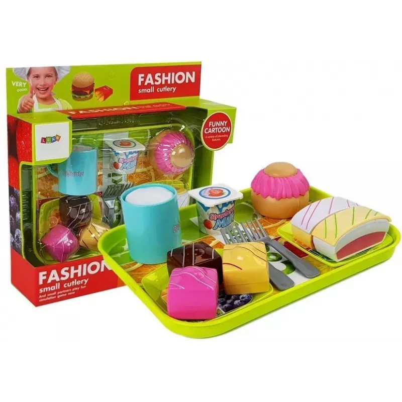 LEAN TOYS Set para comer tarta de postre con bandeja - set de servir de porcelana y acero inoxidable 8 piezas