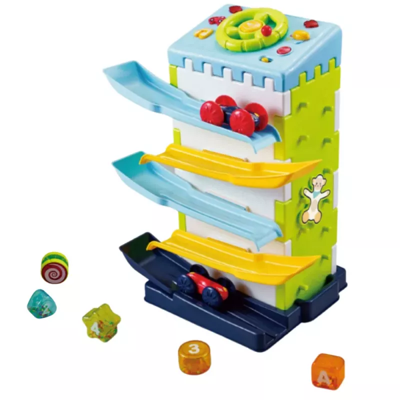 LEAN TOYS Tobogán de bloques educativo con clasificador de coches - Juguete interactivo con luz y sonido