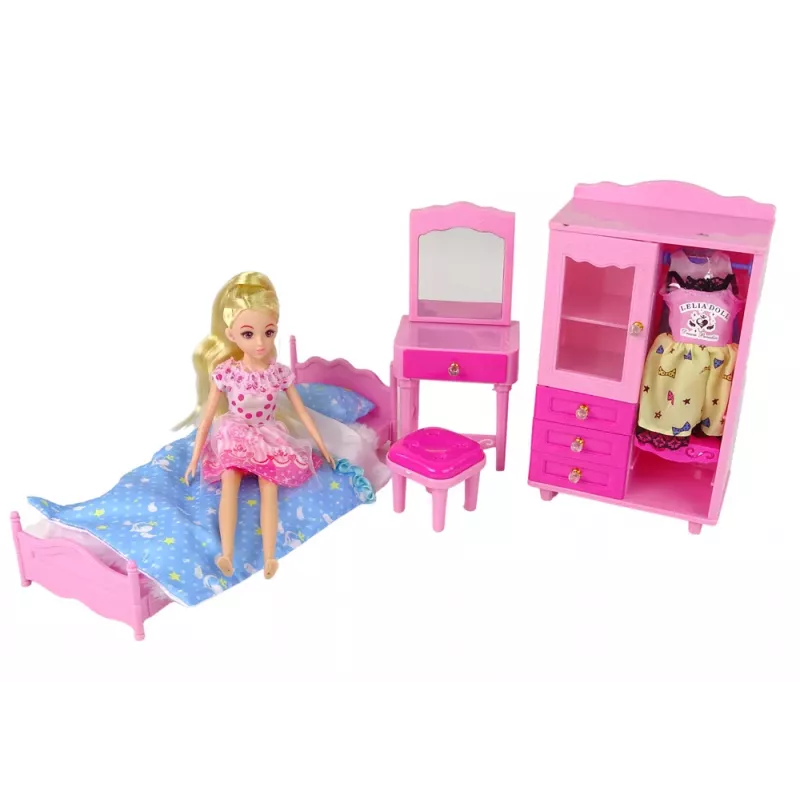 LEAN TOYS Set de muebles para muñecas cama armario tocador para muñecas de moda de 29-30 cm, rosa, 3 piezas