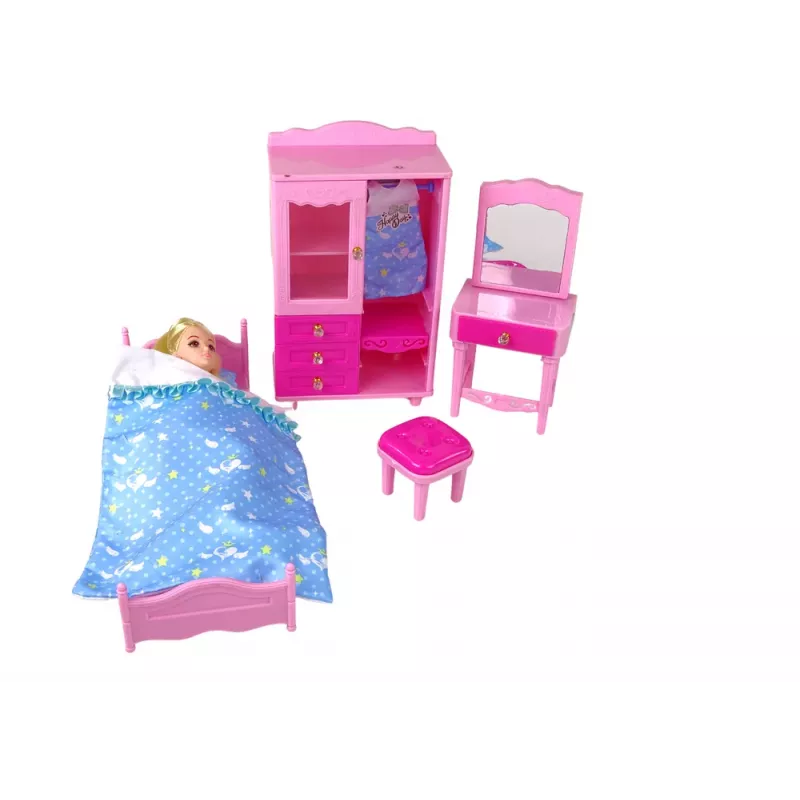 LEAN TOYS Set de muebles para muñecas cama armario tocador para muñecas de moda de 29-30 cm, rosa, 3 piezas
