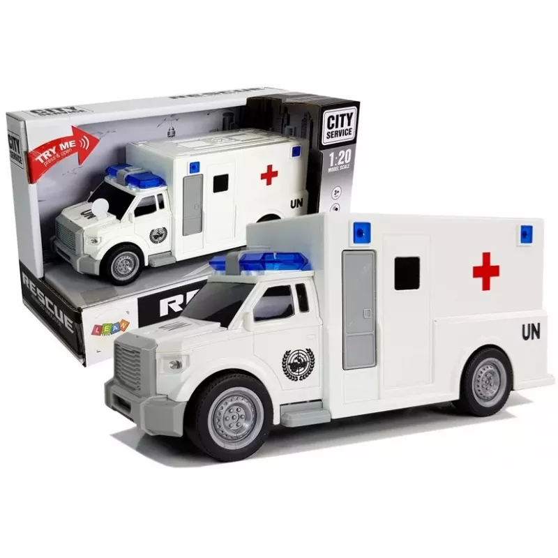 LEAN TOYS Coche ambulancia con propulsión por fricción blanco 1:20 con sonido