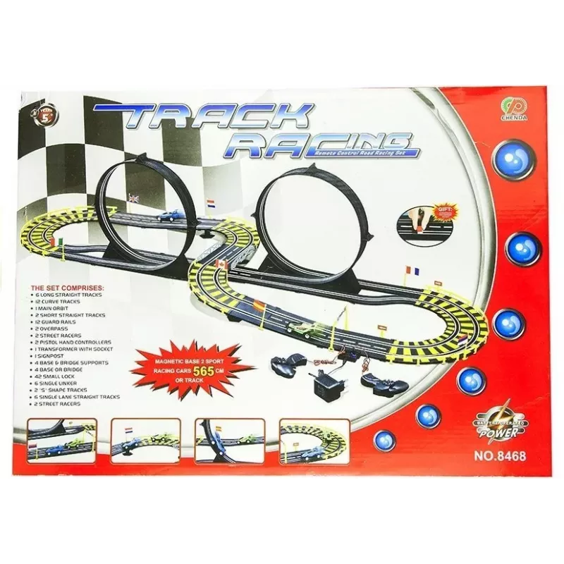 LEAN TOYS Circuito de carreras con dos coches, loops y fuente de alimentación, 565 cm