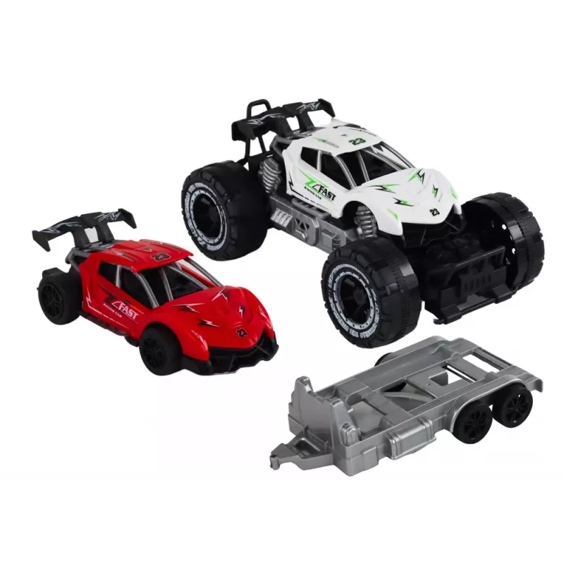 LEAN TOYS Set: Todoterreno Blanco, Coche Deportivo Rojo, Grúa de Remolque