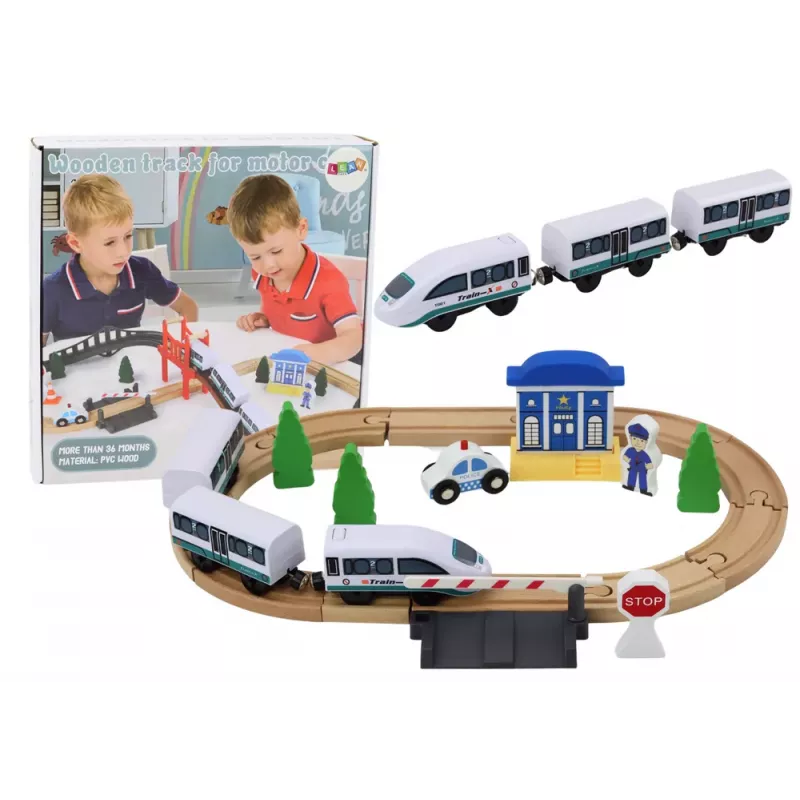 LEAN TOYS Vía de Tren de Madera Set Tren con Comisaría Puente 3,2m 75 Piezas