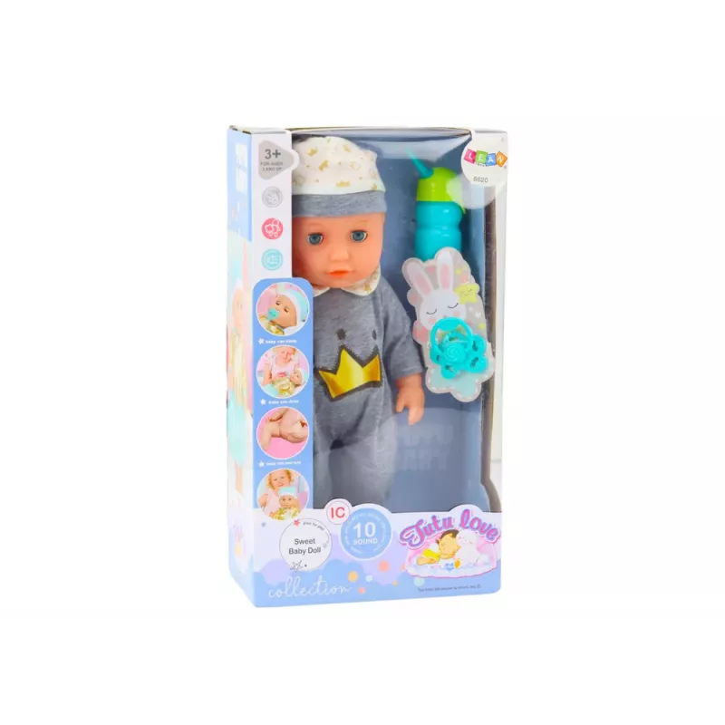 LEAN TOYS Muñeca Bebé con Pijama Gris, con Biberón, Chupete y Sonidos de Bebé