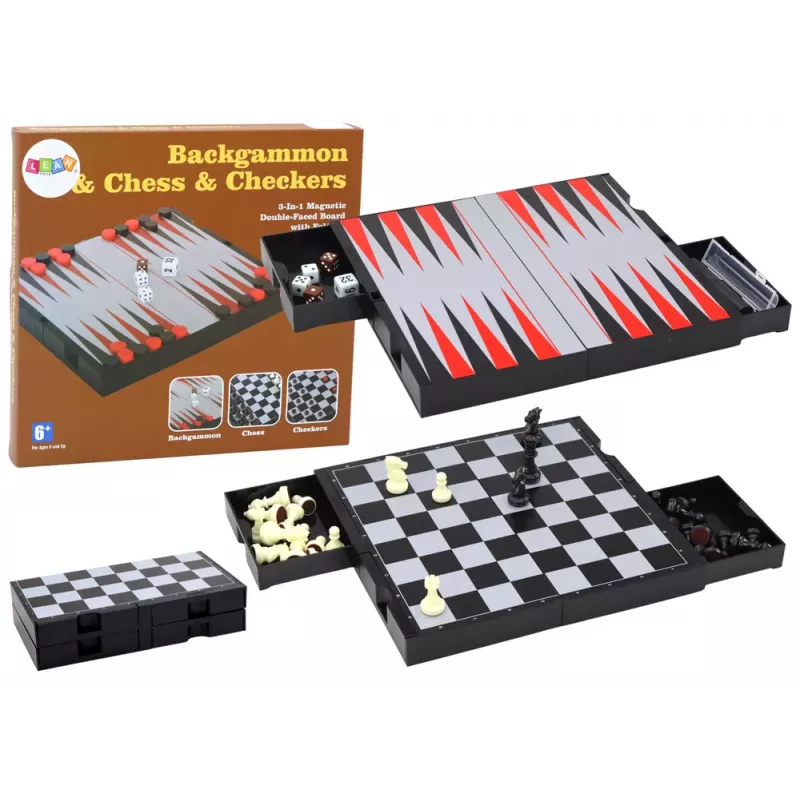 LEAN TOYS Set de Juego 3en1 Tablero Magnético Ajedrez Damas Backgammon