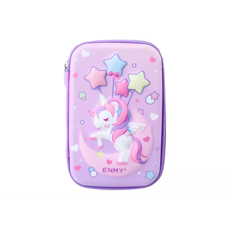 LEAN Estuche Escolar Grande Unicornio 3D, Plegable, Morado, 23x15x5 cm