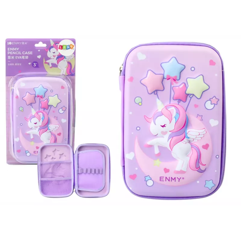 LEAN Estuche Escolar Grande Unicornio 3D, Plegable, Morado, 23x15x5 cm
