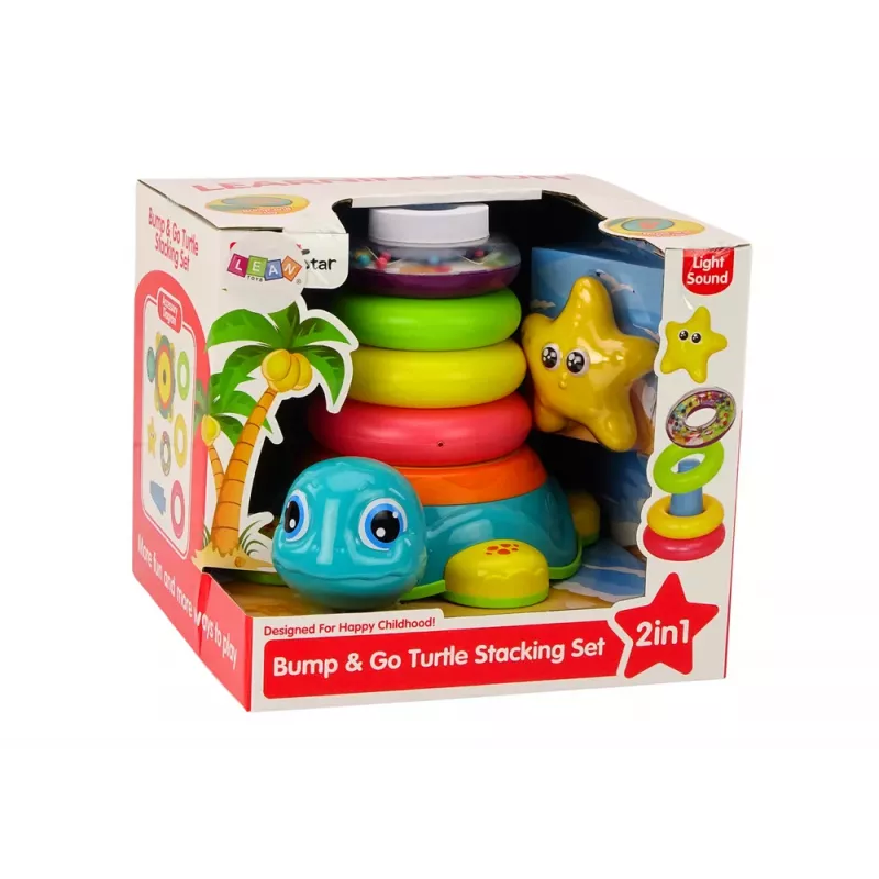 LEAN TOYS Pirámide Tortuga de Paseo 2en1 Puzzle Ruedas Luces Sonidos