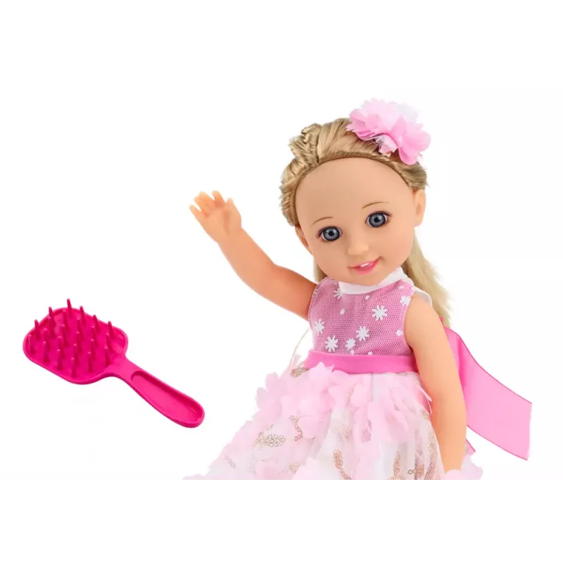 LEAN TOYS Muñeca Vestido Rosa Pelo Largo Horquilla Cepillo 38cm