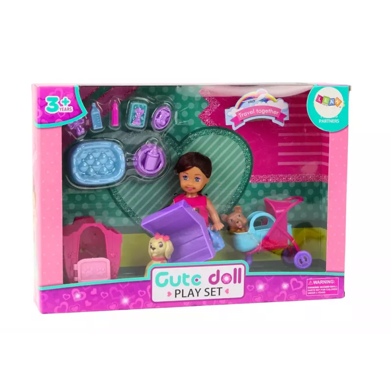 LEAN TOYS Muñeca con Perros, Muñeca Perro, Accesorios de Perrera, Rosa, Cachorro, 16 Piezas