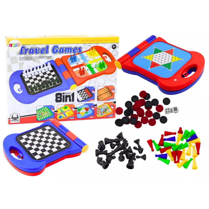 LEAN TOYS Juego de Viaje 8en1 Ajedrez Damas Ludo Backgammon Serpientes y Escaleras Chino