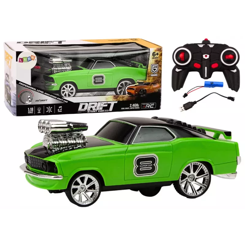 LEAN TOYS Coche teledirigido 1:18 drift 360 luces sonidos verde