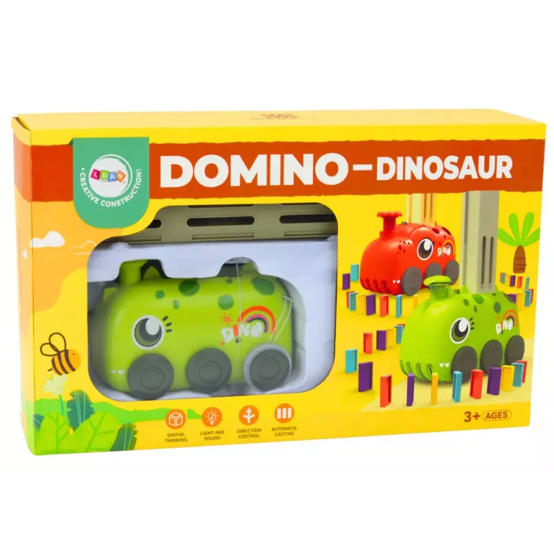 LEAN TOYS coche dinosaurio a pilas verde para colocar fichas de dominó de colores, 4 colores bloques