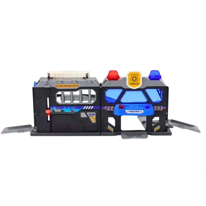 LEAN TOYS Set de pista de garaje expandible en maleta con luces y sonidos de policía