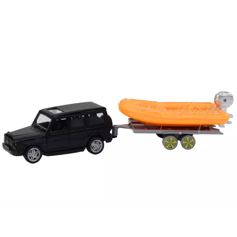 LEAN TOYS Coche todoterreno negro con remolque y barco naranja