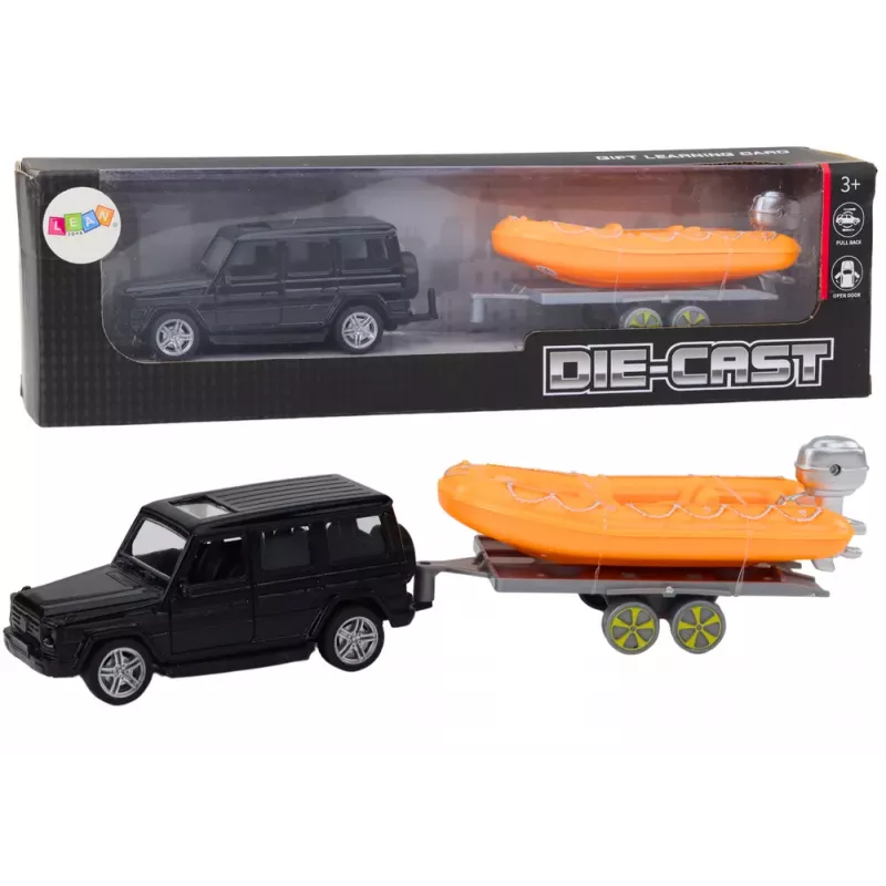 LEAN TOYS Coche todoterreno negro con remolque y barco naranja
