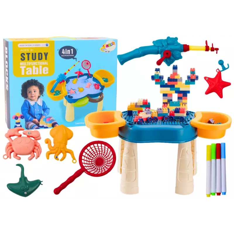 LEAN TOYS Mesa multifunción 4 en 1 bloques de construcción pesca pintura azul