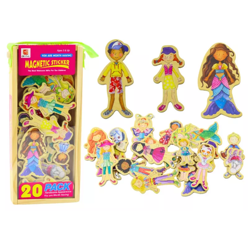 LEAN TOYS Set imanes figuras de madera con disfraces de colores, 20 piezas