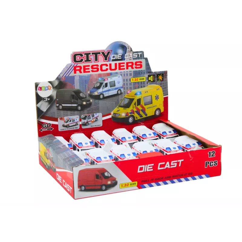 LEAN TOYS Ambulancia 1:32 con puertas para abrir, luz, sonido, fricción, blanco