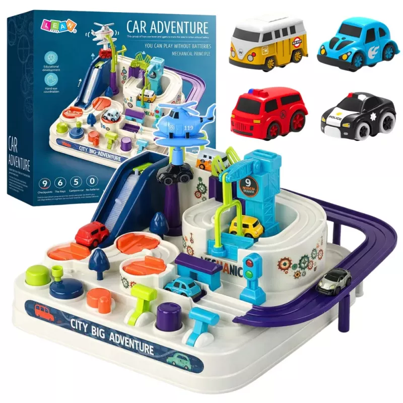 LEAN TOYS Circuito de obstáculos aparcamiento interactivo para niños con cuatro coches