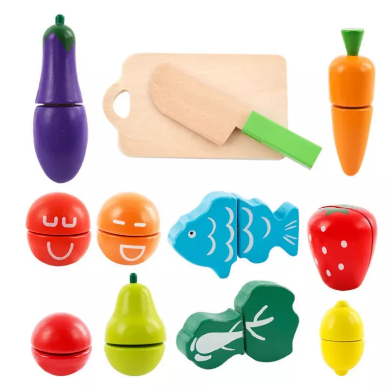 LEAN TOYS Set de cortar verduras y frutas en cubo con tabla, cuchillo, madera