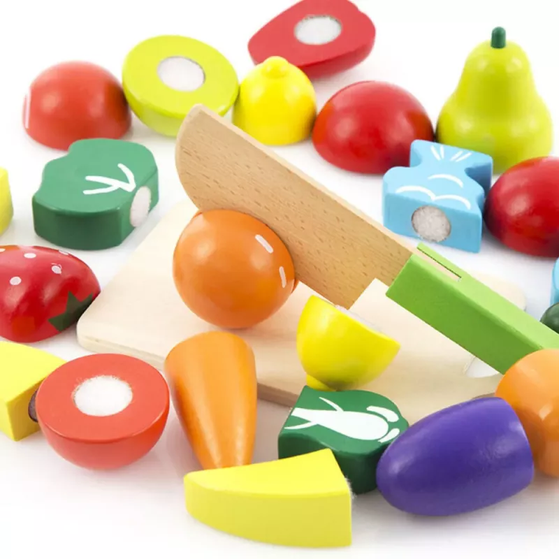 LEAN TOYS Set de cortar verduras y frutas en cubo con tabla, cuchillo, madera